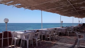 An outdoor dining area with white plastic chairs and tables, a thatched roof, and a view of the sea. - Residence Stern (Hammam Al Agzaz)