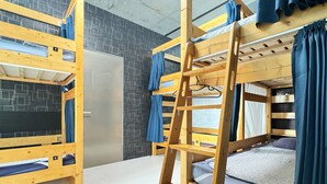 A bunk bed room with a ladder, a grey door, and a patterned wall. - Hotel Adonis - Hostel (Tokyo)