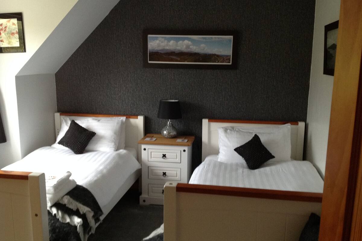 A hotel room with two single beds, a nightstand with a lamp, and a framed picture on the wall.