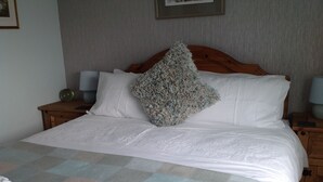A neatly made bed with a checkered bedspread, a fluffy pillow, and a bedside table with a lamp. - Hazelbank (Uig)