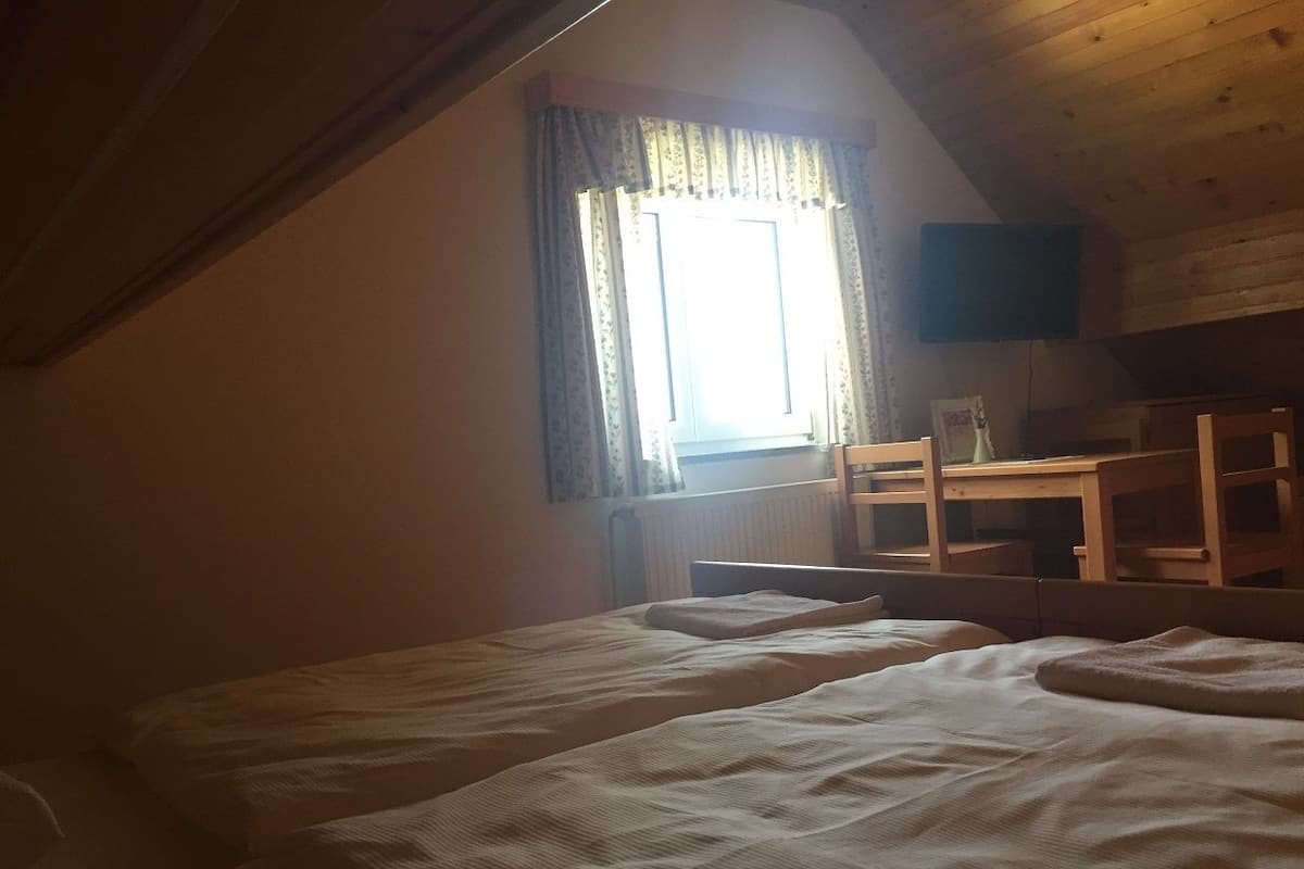 Une chambre avec deux lits, un plafond en bois, une fenêtre avec des rideaux et une chaise.
