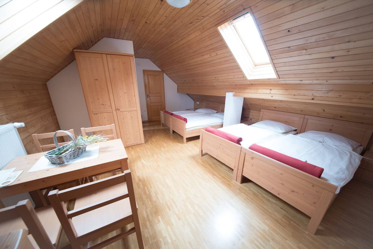 Une chambre confortable située dans les combles, avec des murs en bois et un plafond en pente. Elle comprend un lit, un bureau et une armoire.
