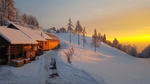Een houten hut met een met sneeuw bedekte dak, een houten veranda en een besneeuwd pad dat de heuvel op leidt.
