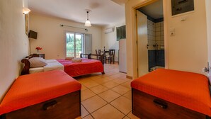 A hotel room with two beds, a desk, and a shower area. - Villa San Andreas (Zakynthos)