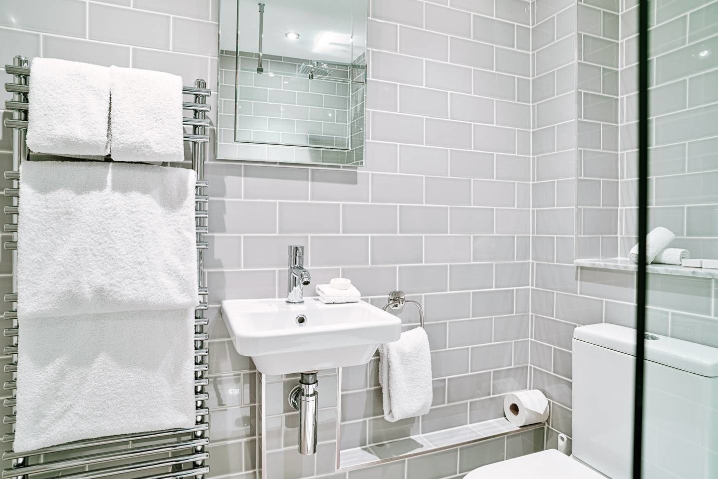Une salle de bain moderne avec une douche à parois de verre, un lavabo blanc et des toilettes.