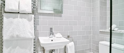 Une salle de bain moderne avec une douche à parois de verre, un lavabo blanc et des toilettes.