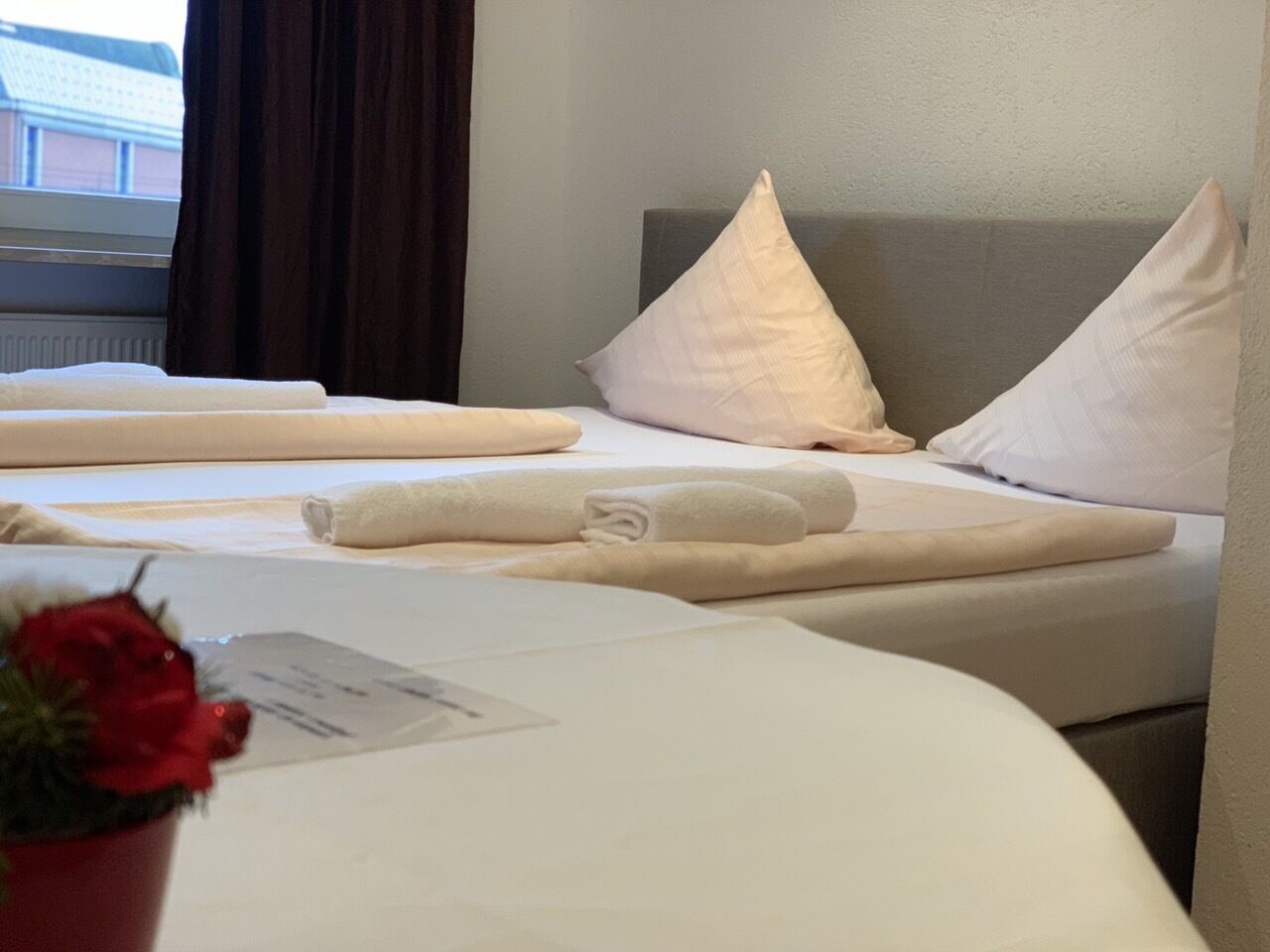 A hotel room with two beds, each with white linens and pillows, a small potted plant, and a window with curtains.