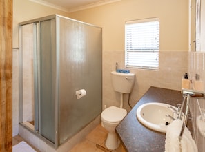 A bathroom with a shower enclosure, toilet, sink, and window. - Antiqua Guest House (George)