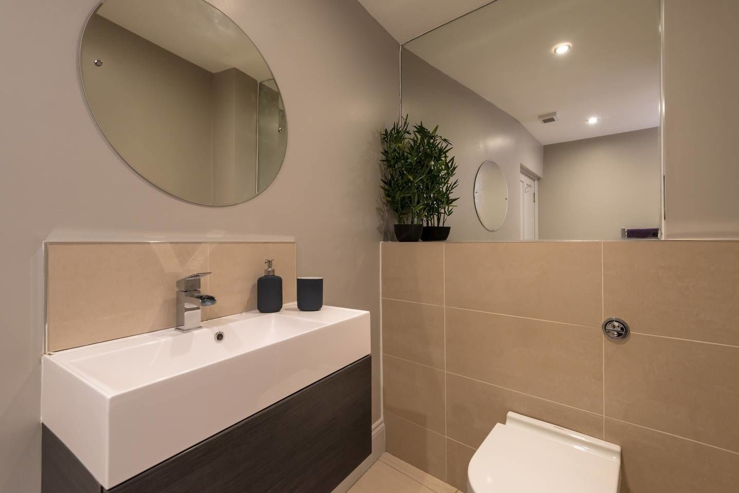 Une salle de bain moderne avec un grand lavabo, un miroir, des toilettes et une plante en pot.