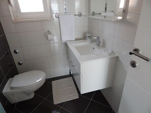A modern bathroom with a toilet, sink, and mirror.