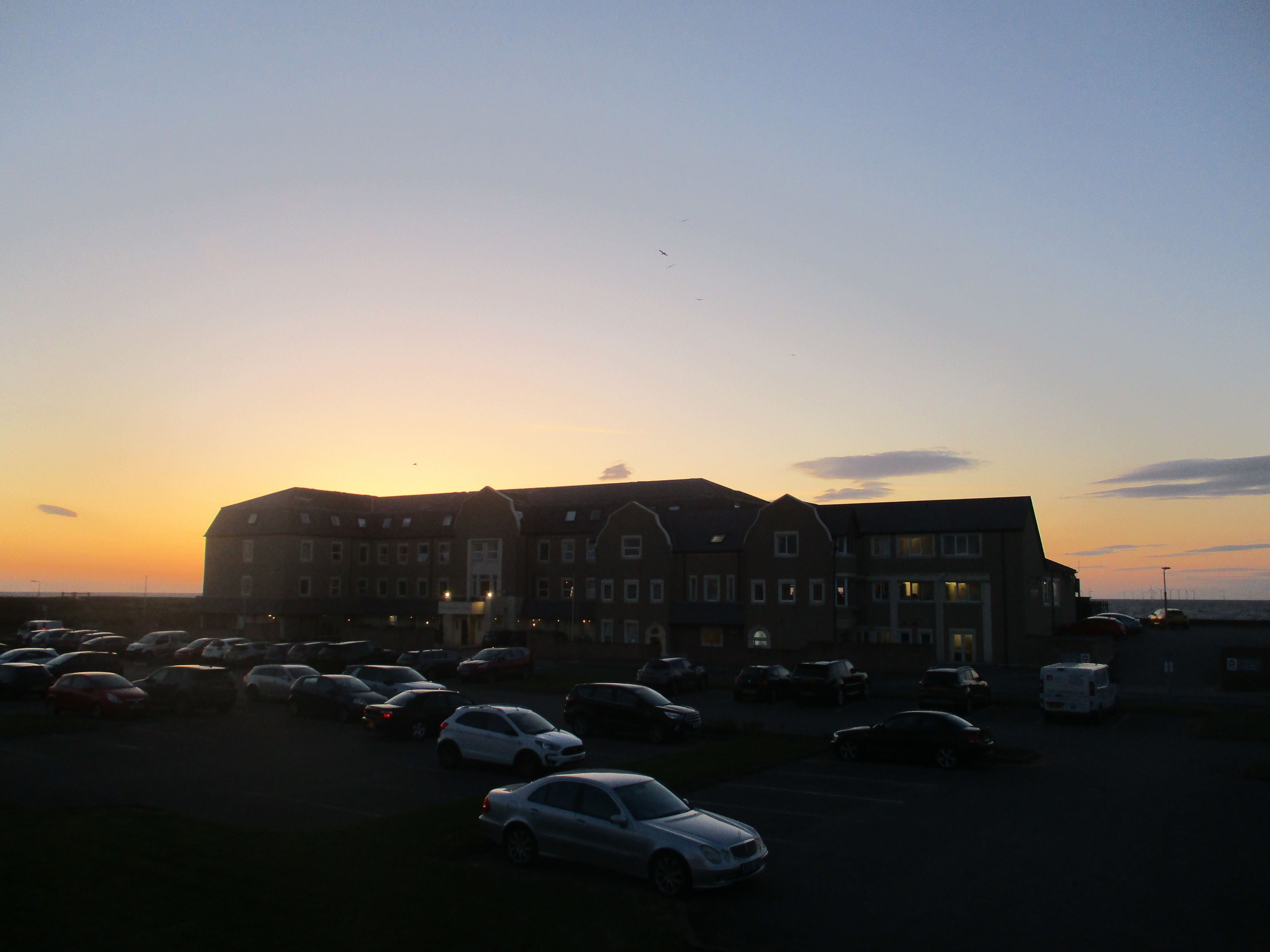 A parking lot with several cars and a building with multiple windows and a flat roof.