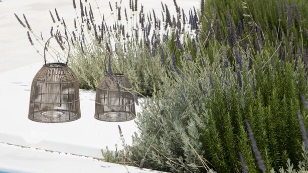 A modern outdoor seating area with a white structure, a pool, and lush greenery. - The Sand Collection (Paros)