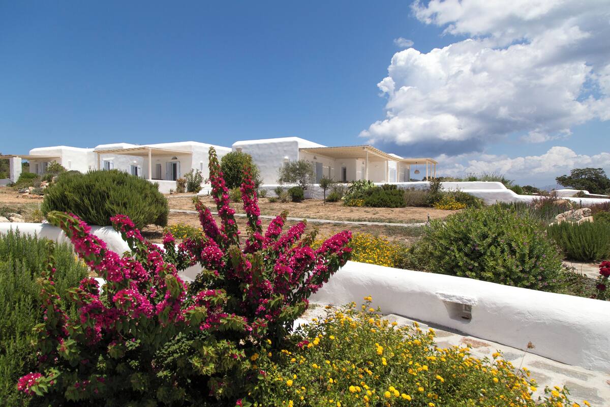 A white villa with multiple rooms, surrounded by lush greenery and flowering plants.