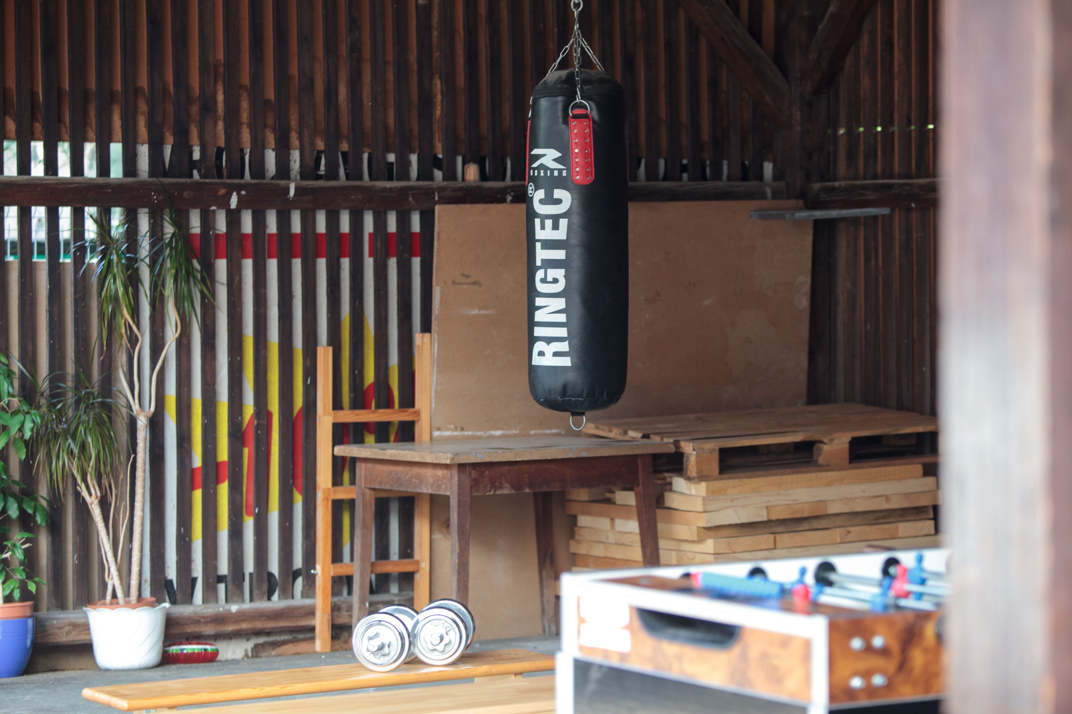 A boxing ring suspended from the ceiling in a rustic room with wooden beams and a ladder.
