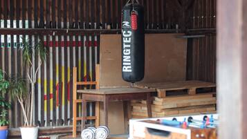 A boxing ring suspended from the ceiling in a rustic room with wooden beams and a ladder.