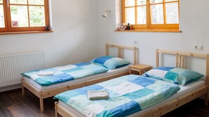 A room with two wooden beds, each with a blue and white quilt, a small wooden nightstand, and a window with a view of greenery. - BikeSki B&B (Mežica)