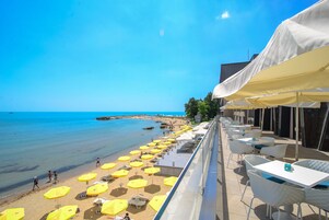 On the beach, sun loungers, beach umbrellas, beach towels