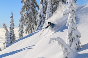 A snowy mountain slope with a skier in motion.