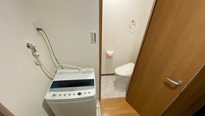 Une petite pièce comprenant un lave-linge blanc, des toilettes et une porte en bois.