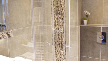 Shower, hair dryer, towels, shampoo