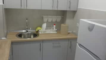 Departamento de lujo, vista al jardín | Cocina privada | Refrigerador, horno, parrilla de estufa y cafetera y tetera