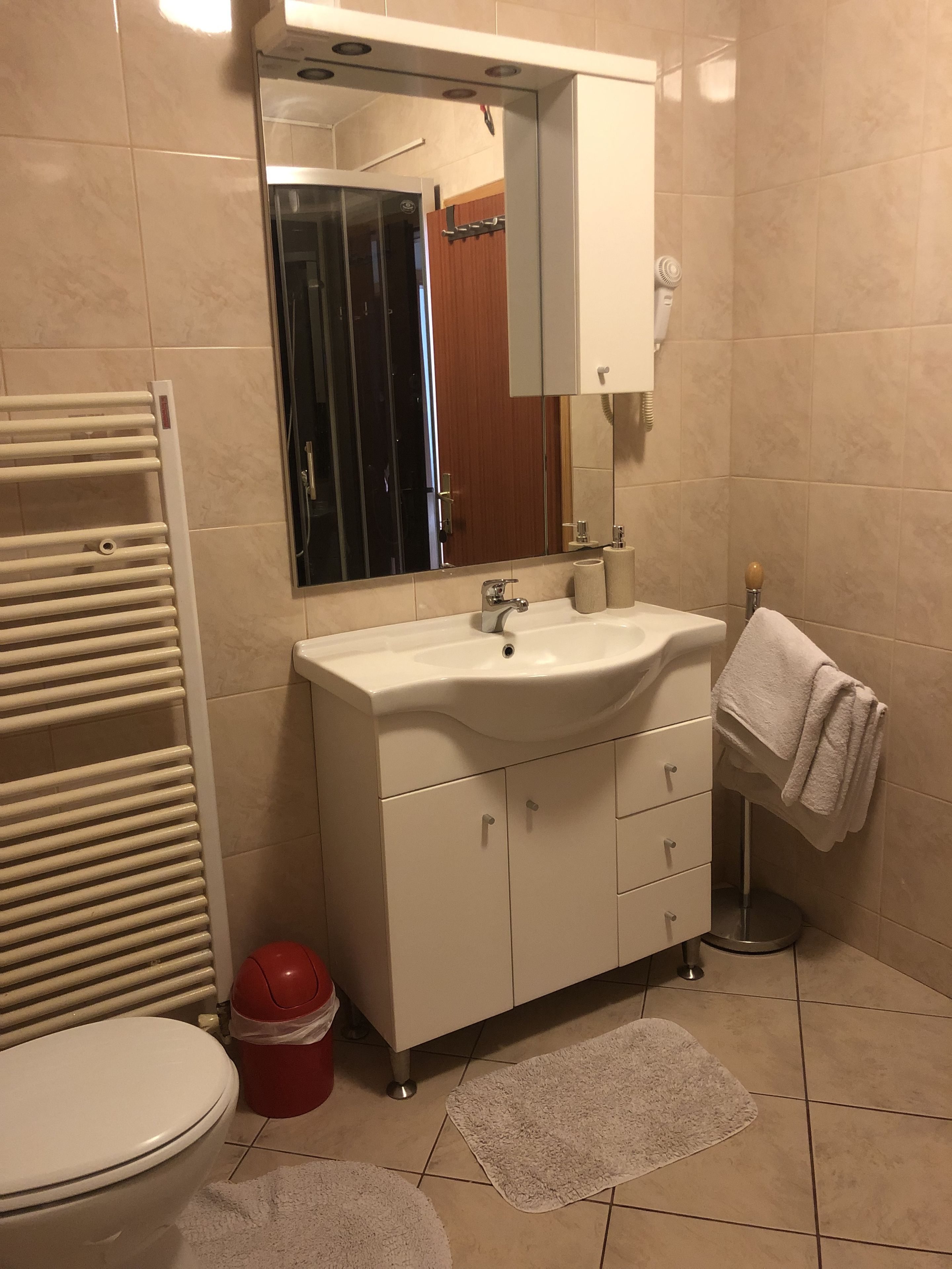 A bathroom with a white sink, mirror, and towel rack.