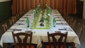 A long dining table set for a meal with chairs, a chandelier, and curtains in the background.