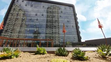 Stunning building with a grid-like glass facade, surrounded by a beautifully maintained garden with succulents and a wooden pergola.