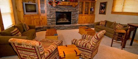 TV, fireplace, table football