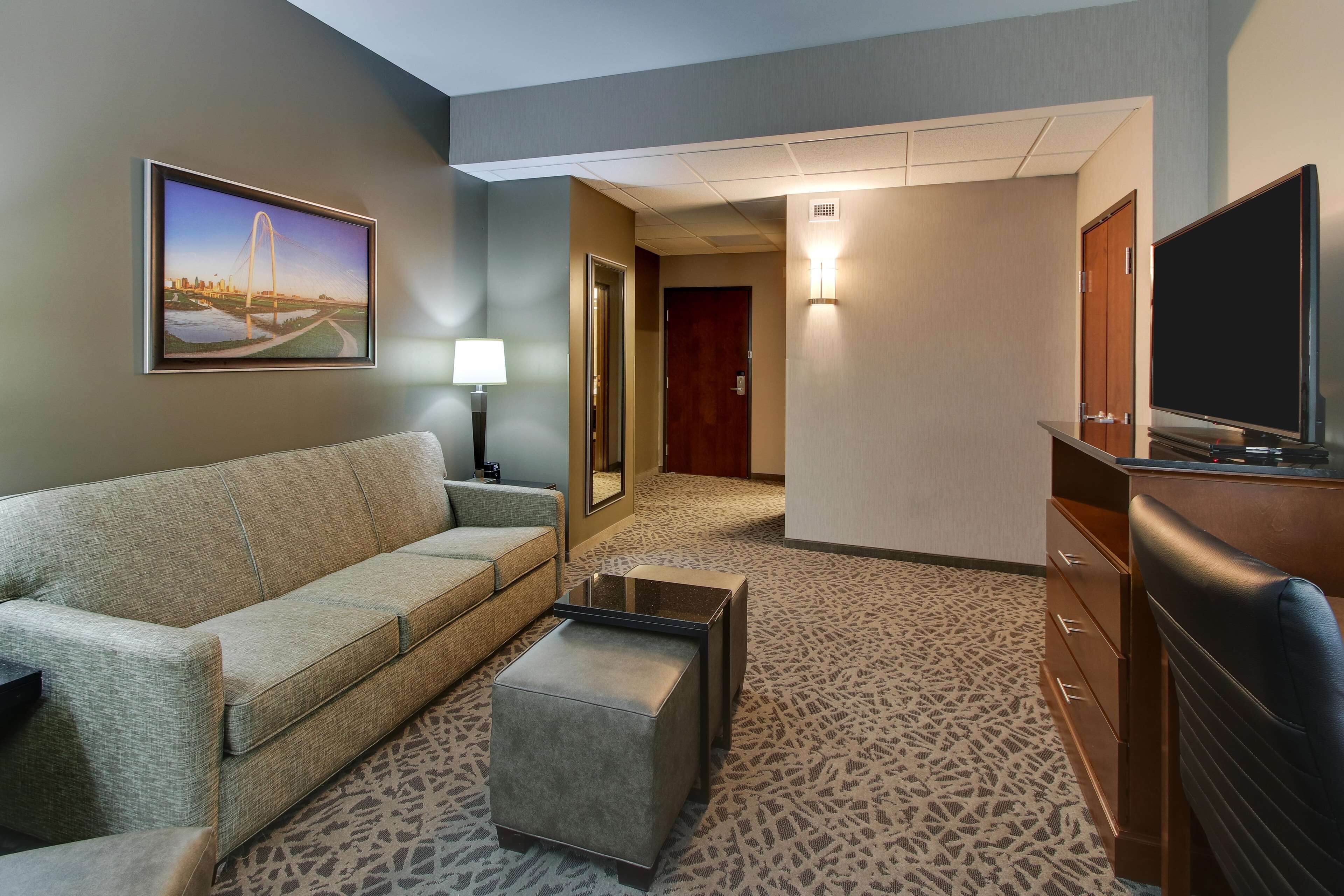 desk, laptop workspace, blackout curtains, iron/ironing board