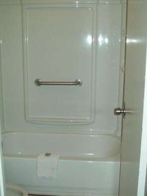 Combined shower/tub, hair dryer, towels