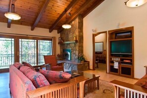 TV, fireplace, table football