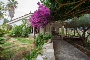 A stone pathway leading to a white building with arches, surrounded by lush greenery and a vibrant pink flowering tree. - Villa Dova Farm       (Νέα Στύρα)
