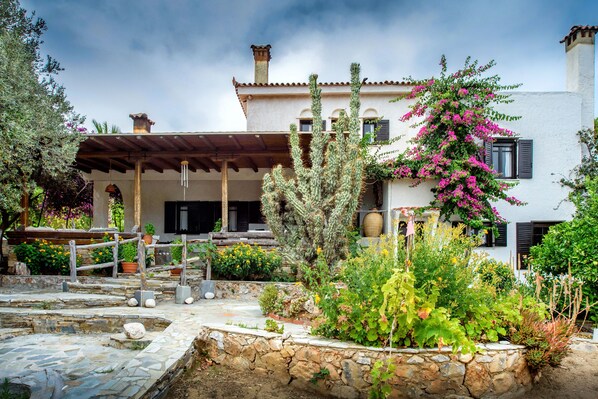 A white building with a stone courtyard, a wooden pergola, and various plants and cacti. - Villa Dova Farm       (Νέα Στύρα)