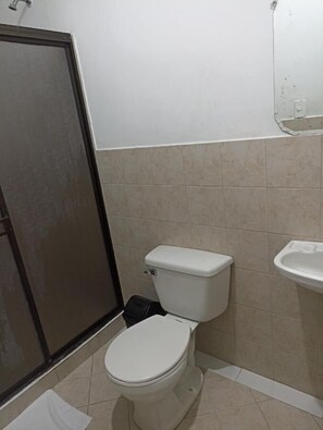 Shower, towels, soap, toilet paper