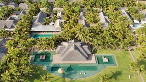 An aerial view of a resort with multiple bungalow-style buildings, a central pool area, and surrounding palm trees. - Unique beach house, luxury experience (Puerto Escondido)