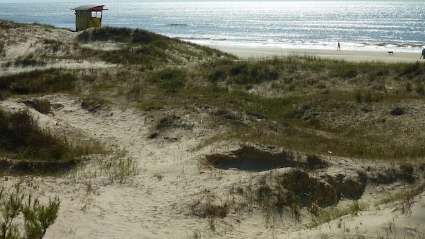 A beach with sand dunes, a lifeguard hut, and the ocean in the background.