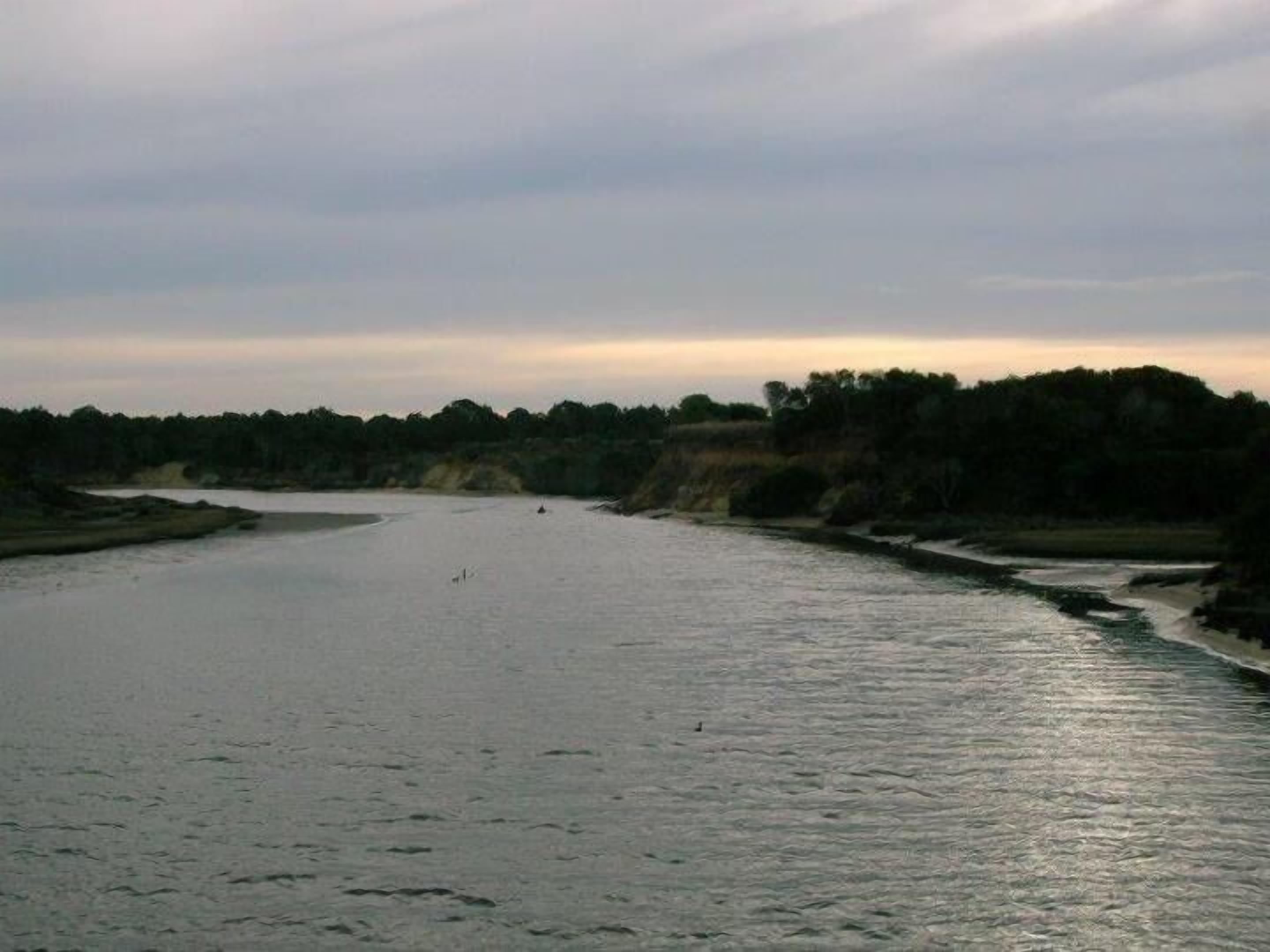 A river with a calm water surface and a forested area in the background.