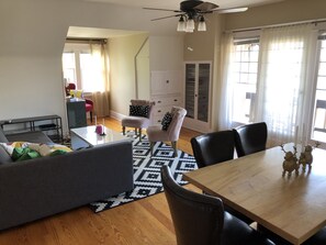 Flat-screen TV, books, video library, stereo