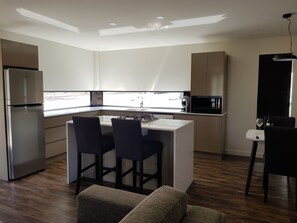 Full-sized fridge, microwave, stovetop, dishwasher