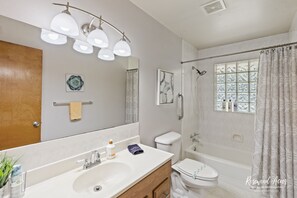 Combined shower/bathtub, hair dryer, towels, soap