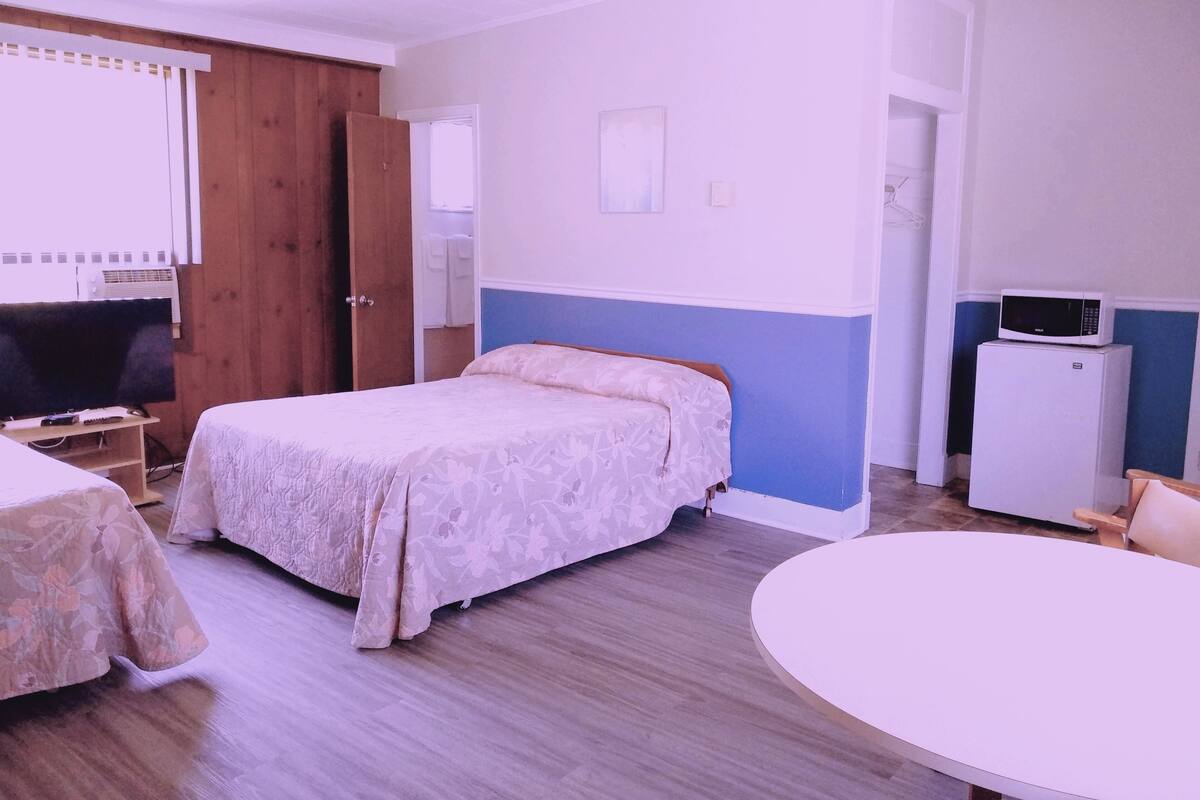A bedroom with a bed, a TV, a refrigerator, and a round table.