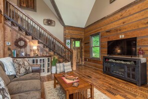 Flat-screen TV, fireplace