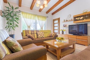 Televisión, chimenea, reproductor de DVD y tenis de mesa
