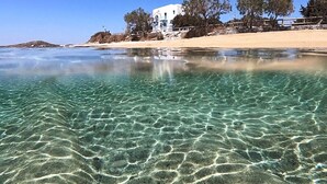 A beach with clear shallow waters, a sandy shore, and a white building with trees in the background. - Casa Del Mare - Unique Beachfront Cycladic Villa @ Agios Prokopios (Agios Prokopios)