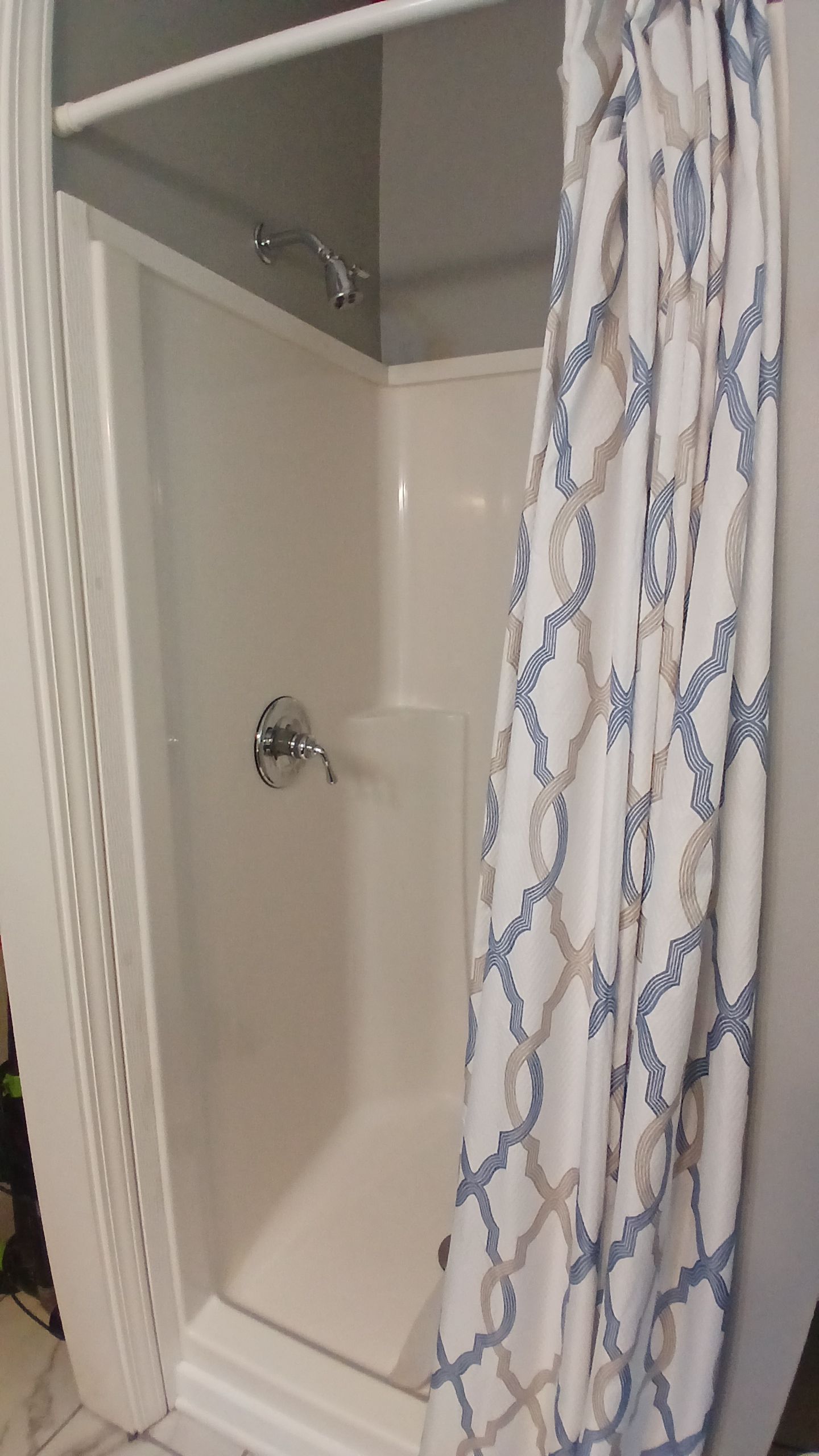 A shower enclosure with a glass door and a patterned shower curtain.