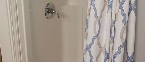 A shower enclosure with a glass door and a patterned shower curtain.