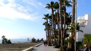 A paved walkway lined with palm trees and a bench, leading to a beach. - Stylish apartment with sea views (Torrox)