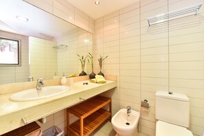 Shower, hair dryer, towels