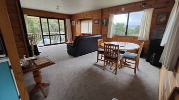 TV, fireplace, books, stereo
